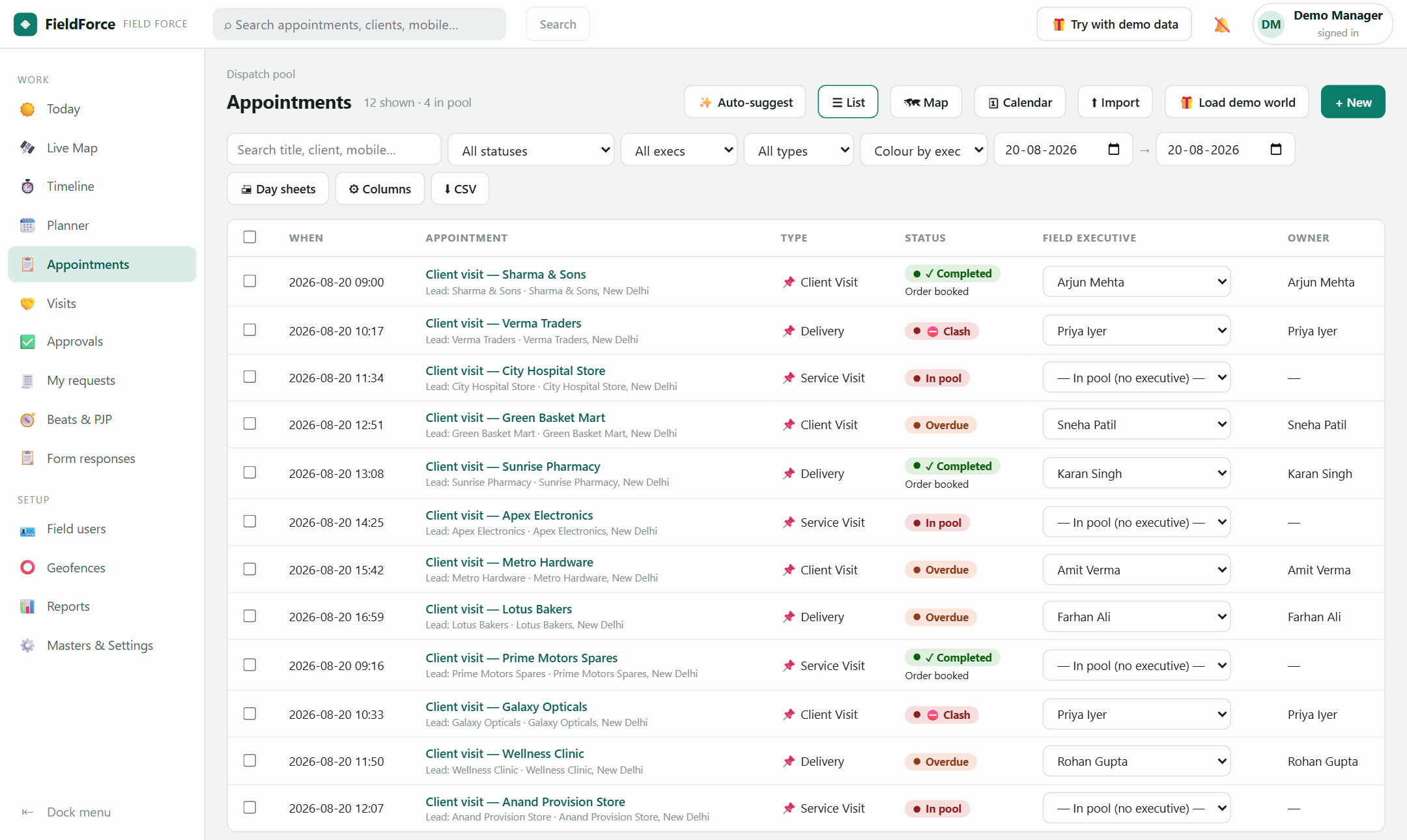 The FieldForce dispatch pool — appointments with statuses, executives and demo data