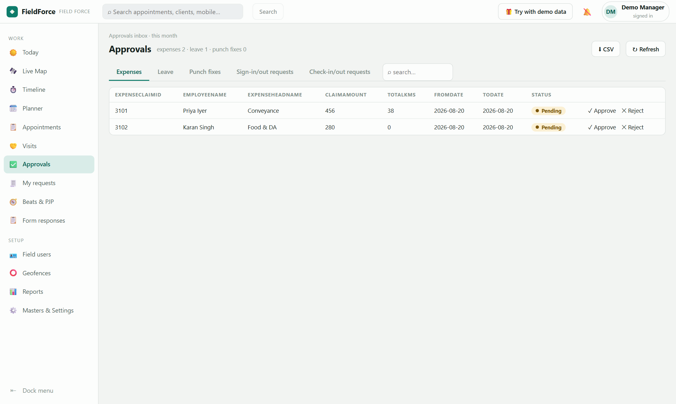 The FieldForce approvals inbox — expenses, leave, punch fixes and field requests