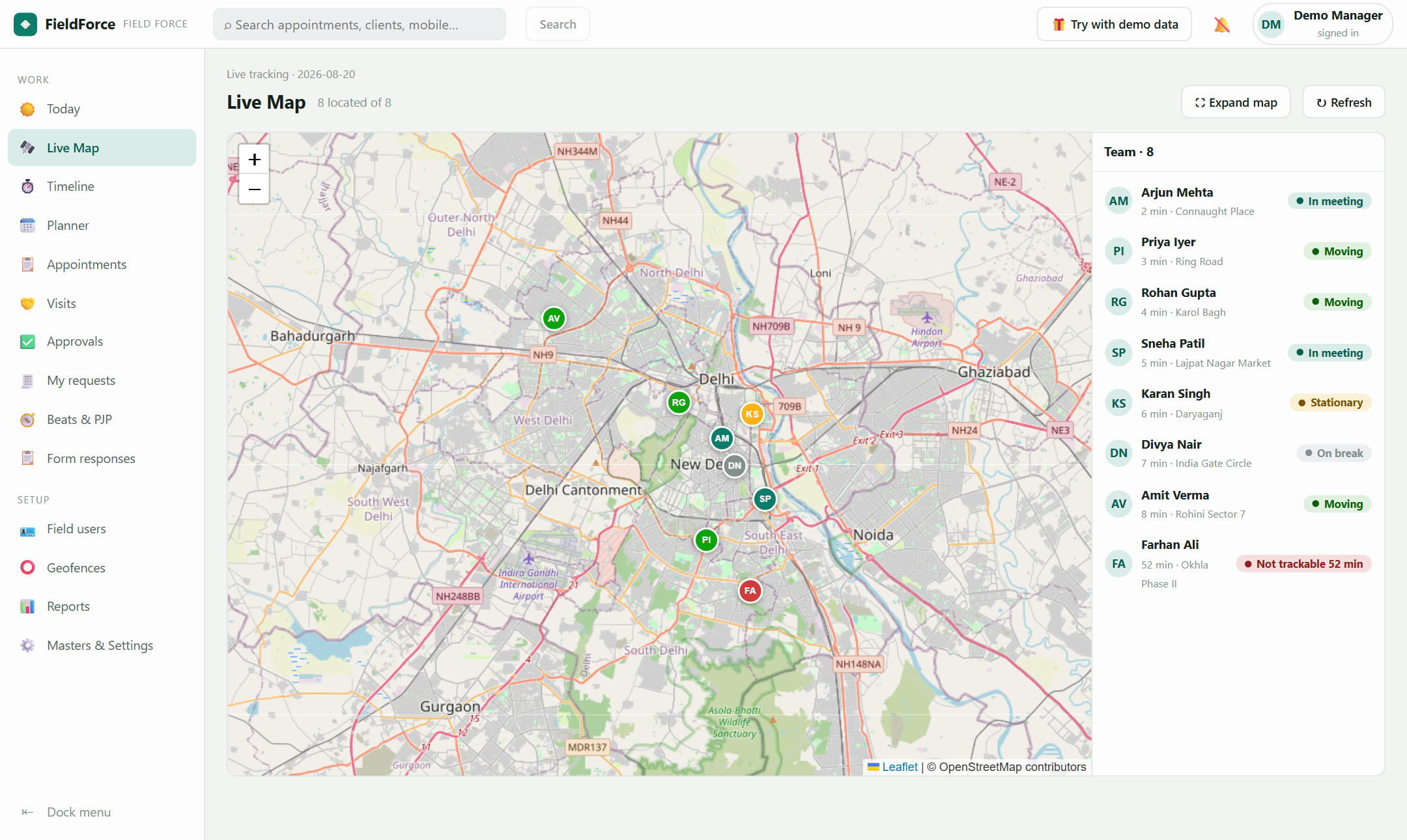 FieldForce live map — the whole team on one map