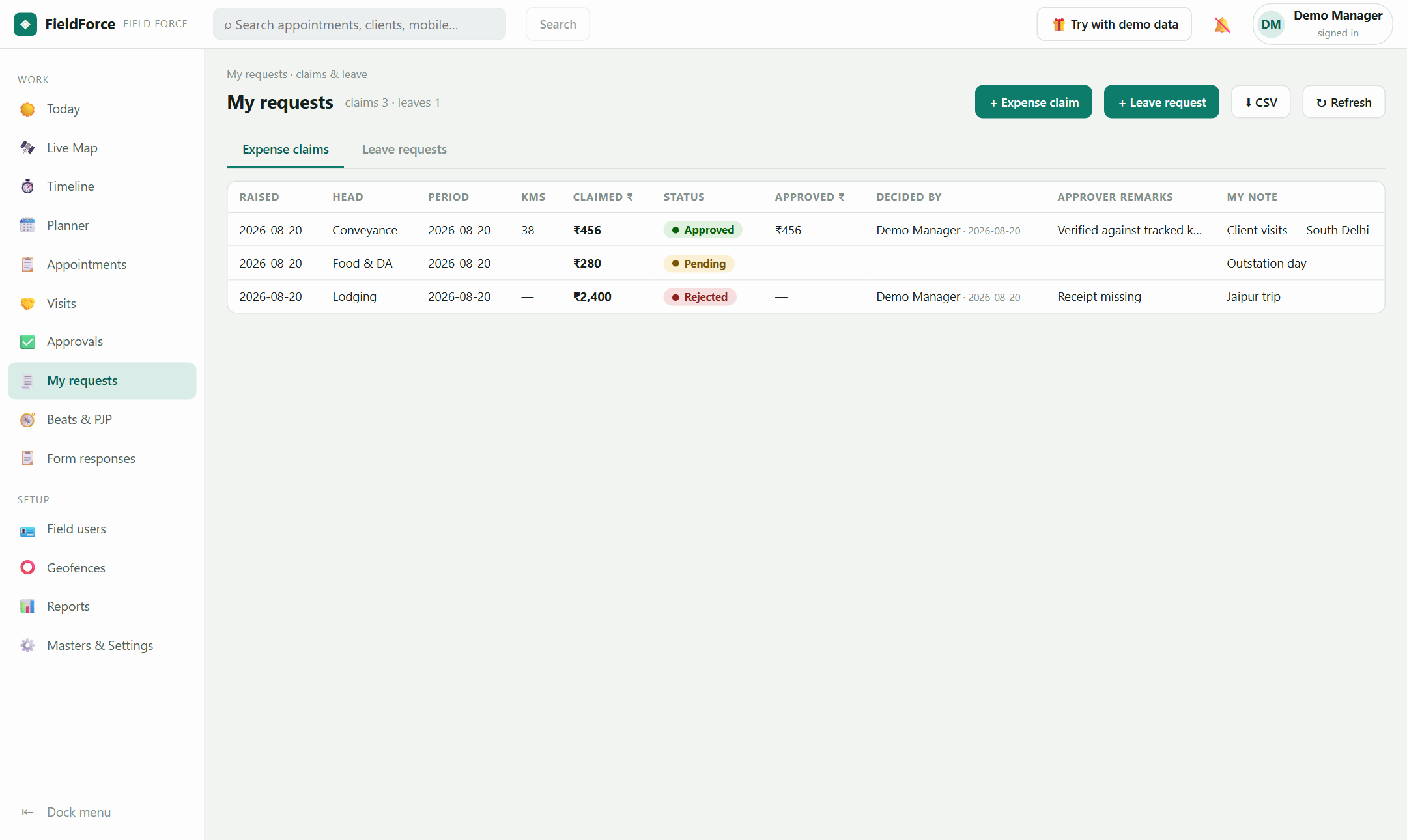 “My requests” — every claim with its live status and the approver's remarks