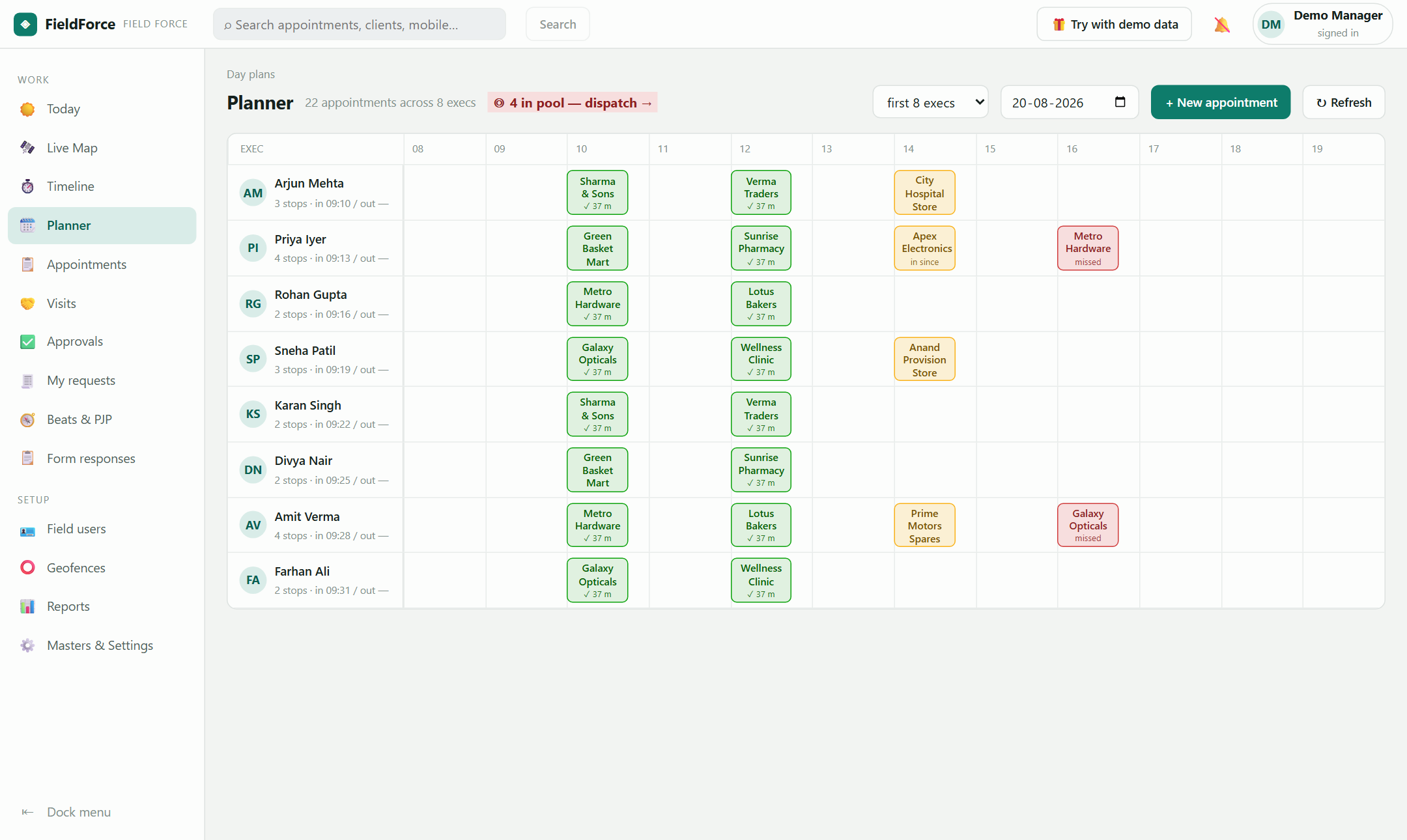 the planner — every executive's day side by side