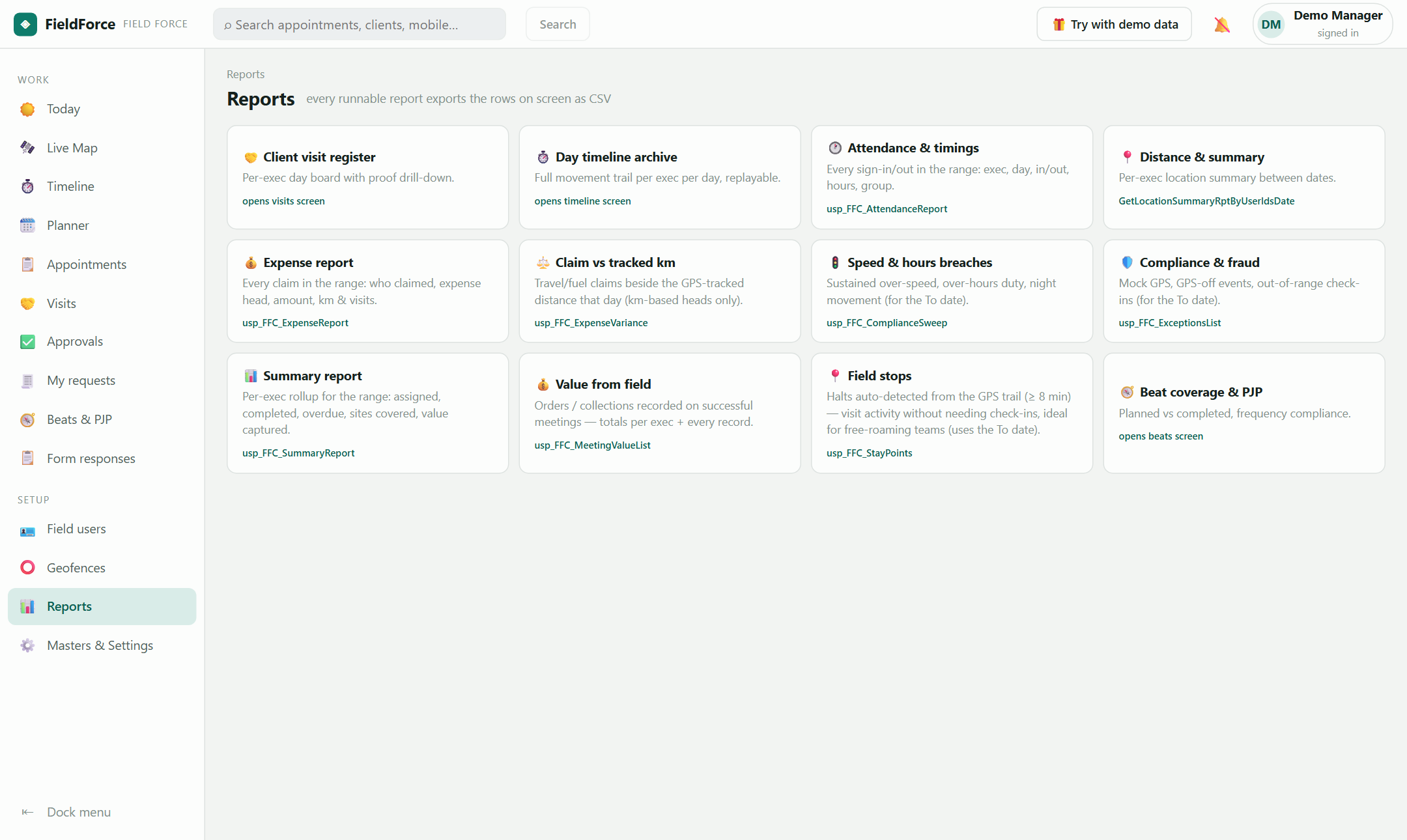 FieldForce reports — eleven built-in reports with drill-downs