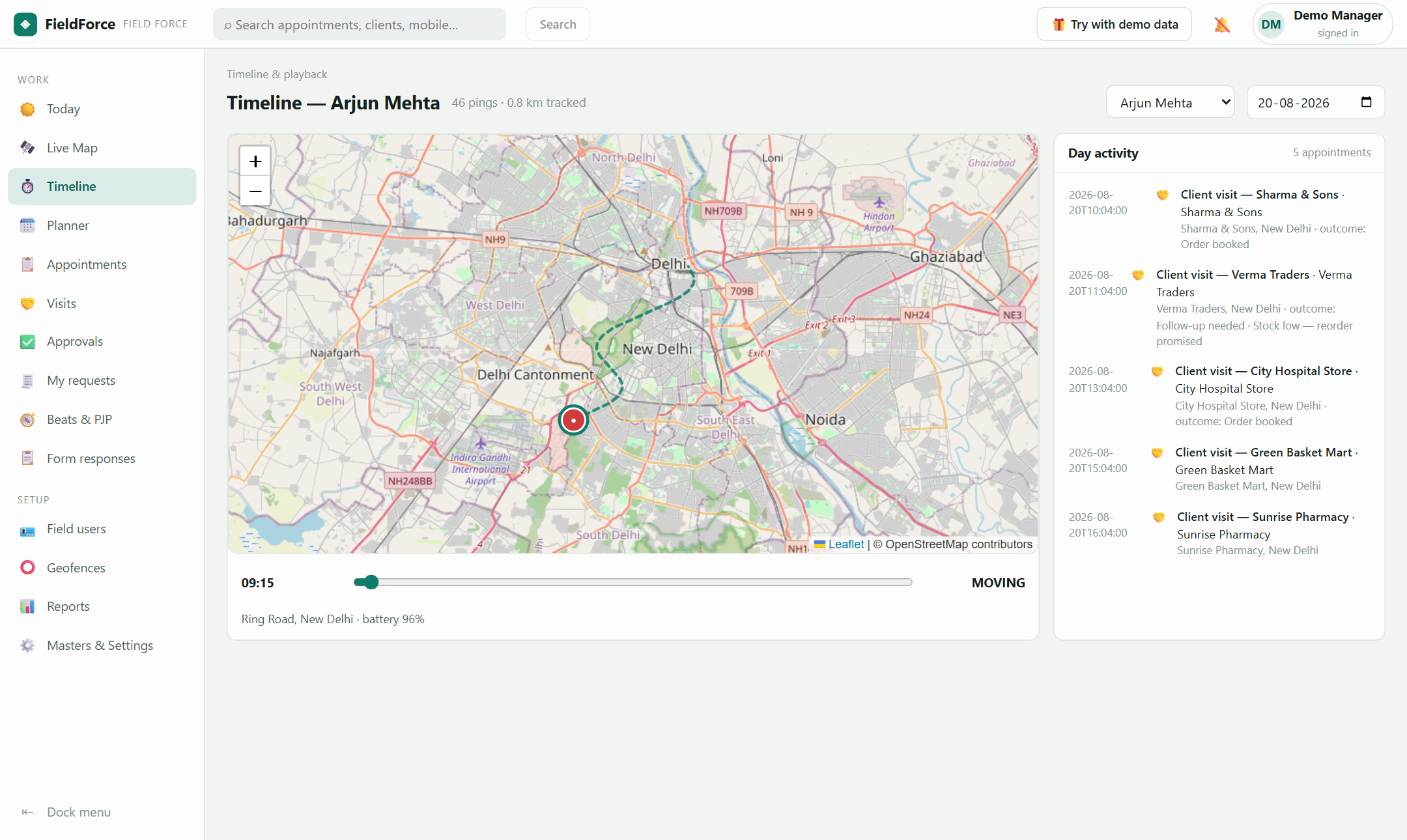 the day timeline — trail, playback and every visit with its outcome